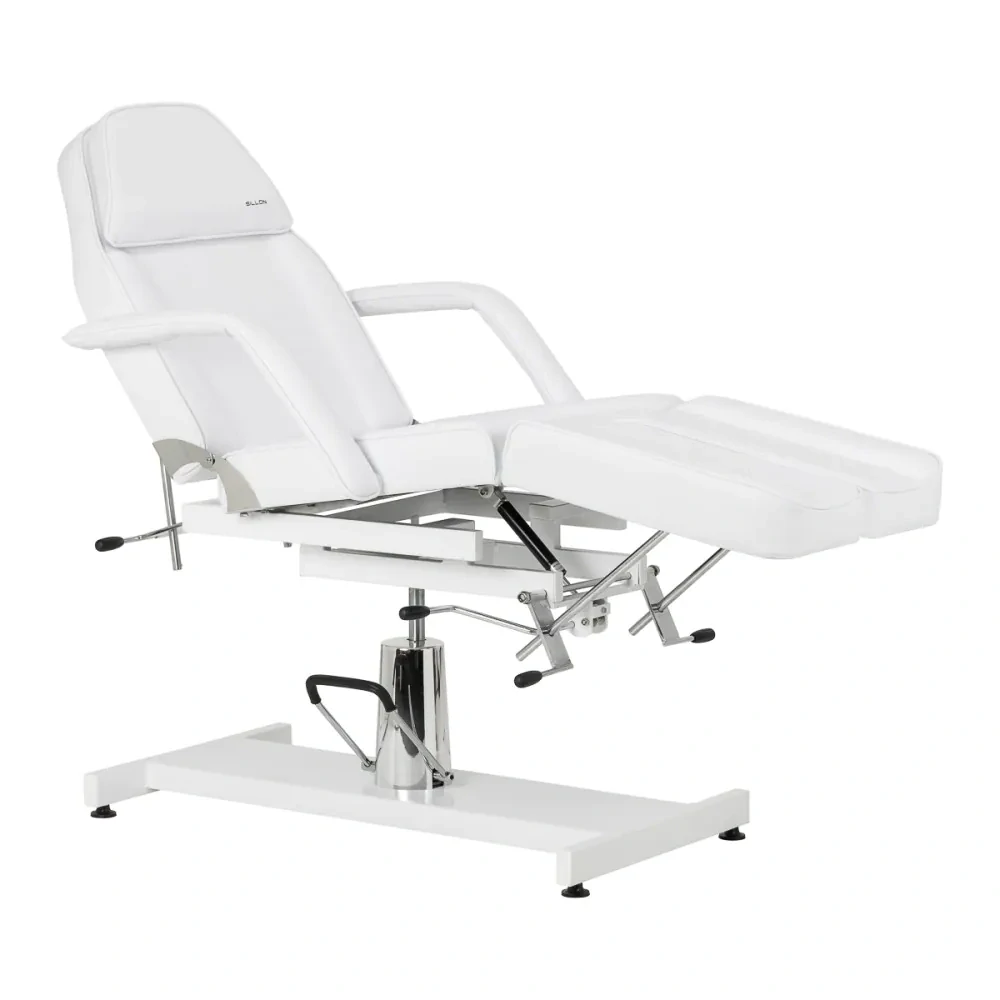 Hydraulické kozmetické kreslo na pedikúru Sillon 210 s kolískou a deliteľnou opierkou na nohy biele