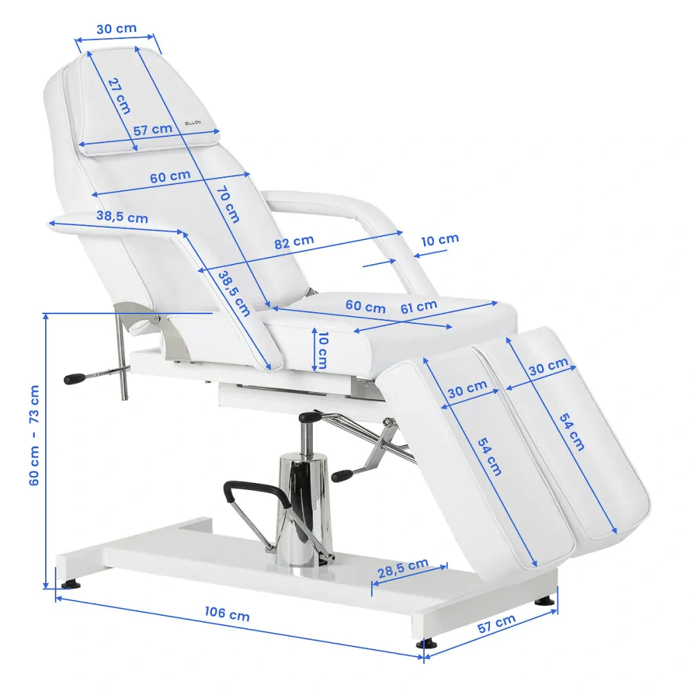 Hydraulické kozmetické kreslo na pedikúru Sillon 210 s kolískou a deliteľnou opierkou na nohy biele